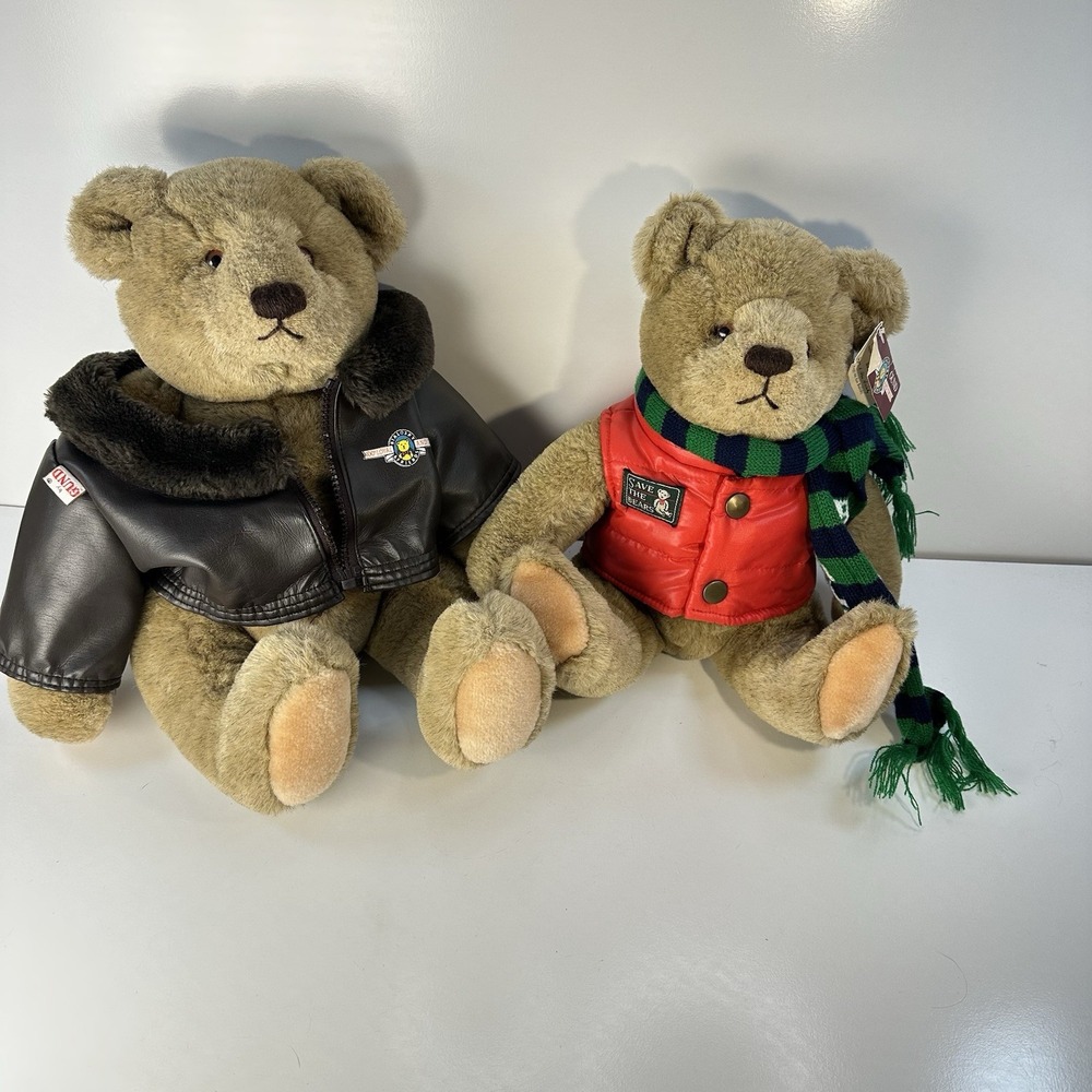 Lot of 2 Vermont Teddy Bears Bialosky Bears Flight Jacket and Hiker w/Scarf